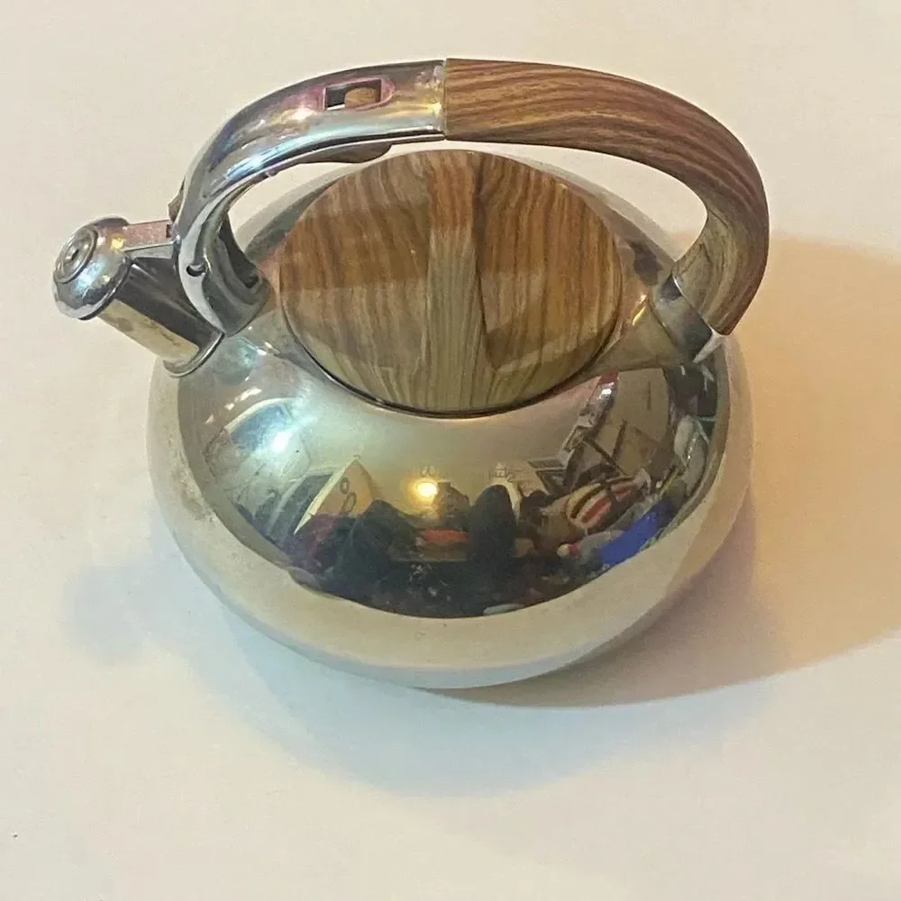 Polished Silver Kettle with Wooden Accents
